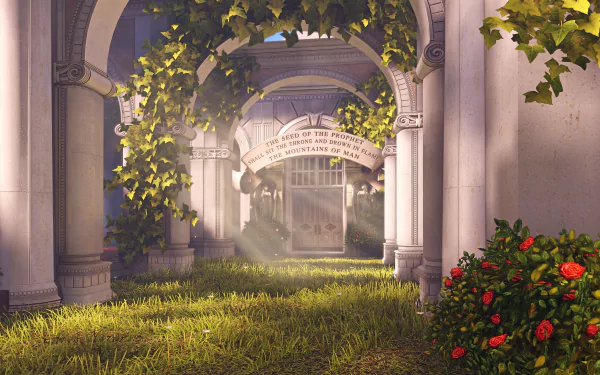 An 8K Ultra HD PC wallpaper featuring a serene courtyard with arches and lush greenery from the video game Bioshock Infinite.