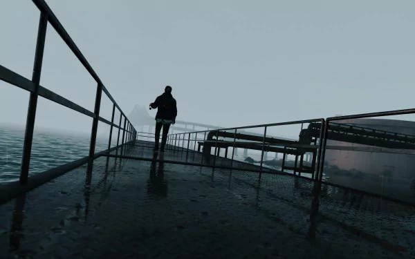 4K Ultra HD Watch Dogs 2 PC wallpaper featuring a lone figure walking on a rain-soaked pier under an overcast sky, capturing the game’s moody, immersive atmosphere.
