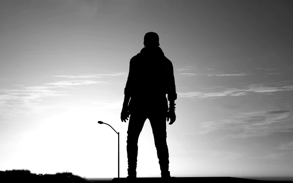 Silhouetted figure from Watch Dogs 2 stands against a glowing sky in this 8K Ultra HD PC desktop wallpaper and background.