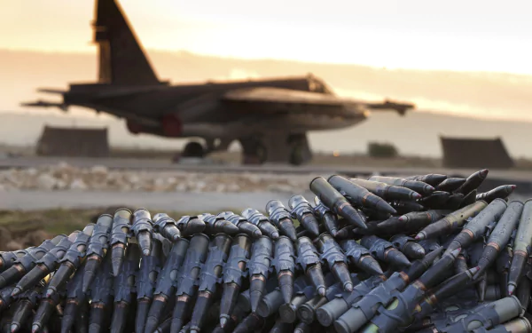 Close-up of stacked bullets in sharp focus with a blurred Sukhoi Su-25 jet fighter in the background, showcasing depth of field in this 4K Ultra HD desktop wallpaper.