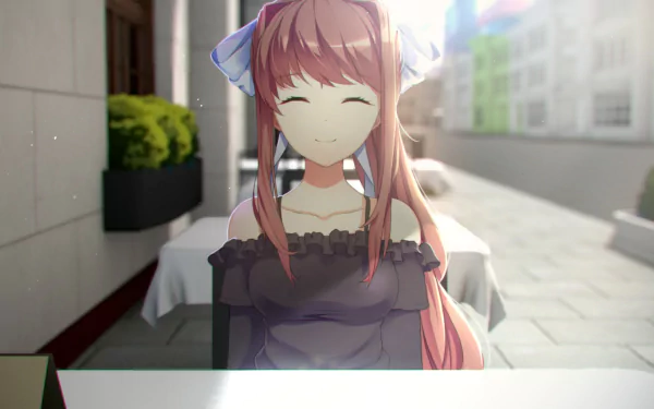 HD PC desktop wallpaper featuring Monika from the video game Doki Doki Literature Club! smiling softly with a bright outdoor background.