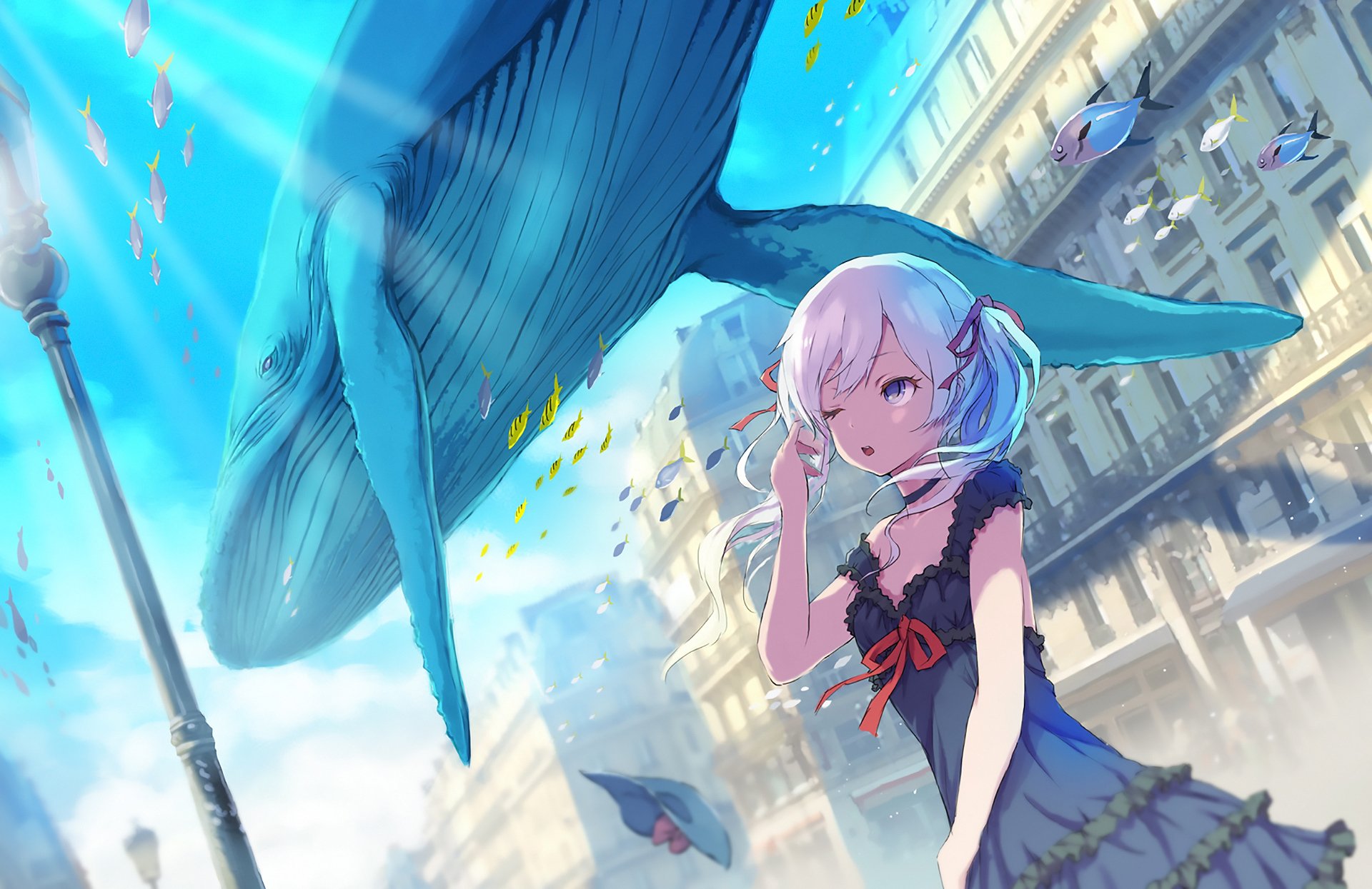 Anime-style HD PC desktop wallpaper featuring an original character with pastel hair and a massive blue whale swimming above a cityscape under bright sunlight.