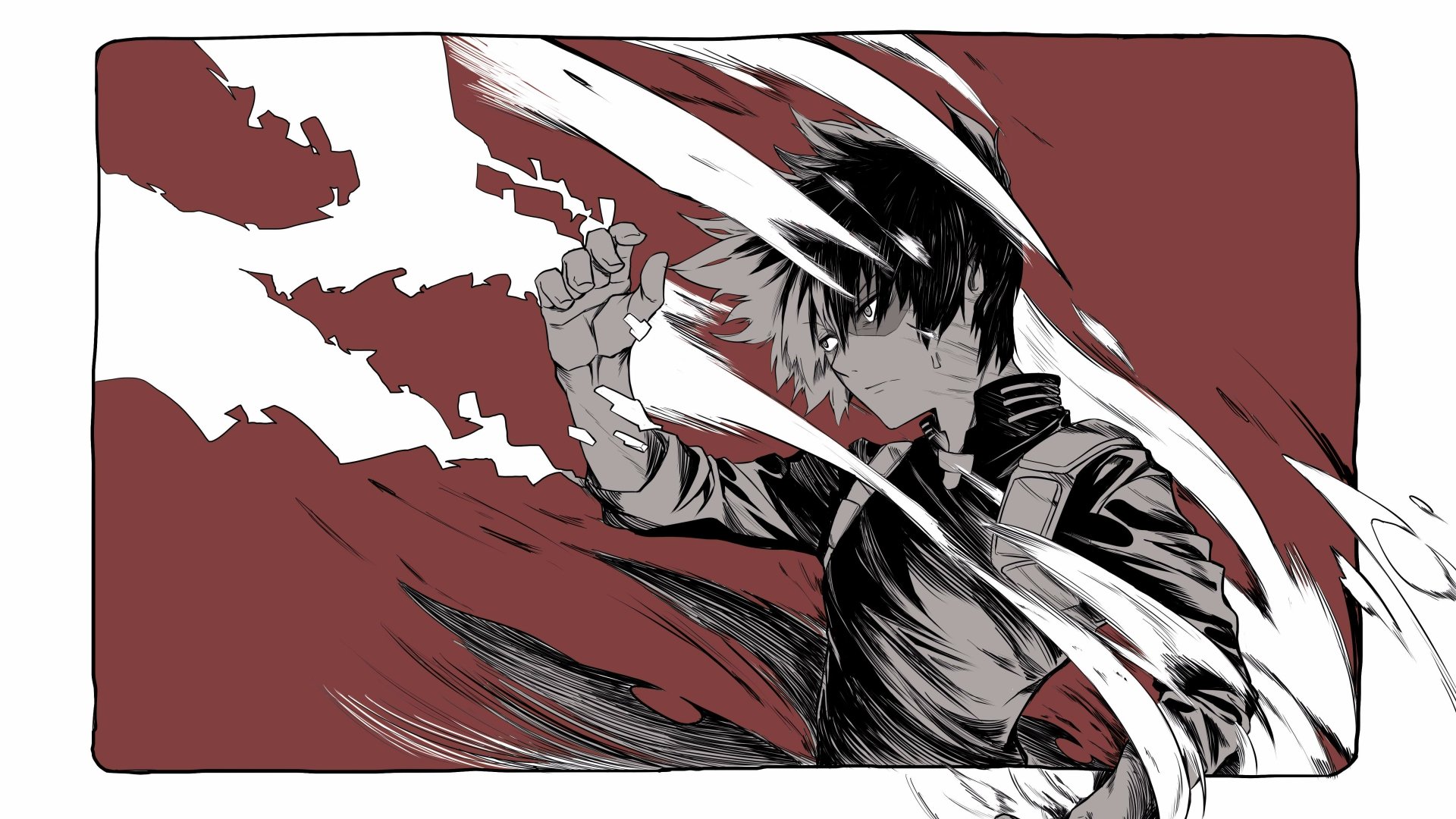 HD wallpaper featuring Shoto Todoroki from My Hero Academia in a dynamic pose with a red and white artistic background.