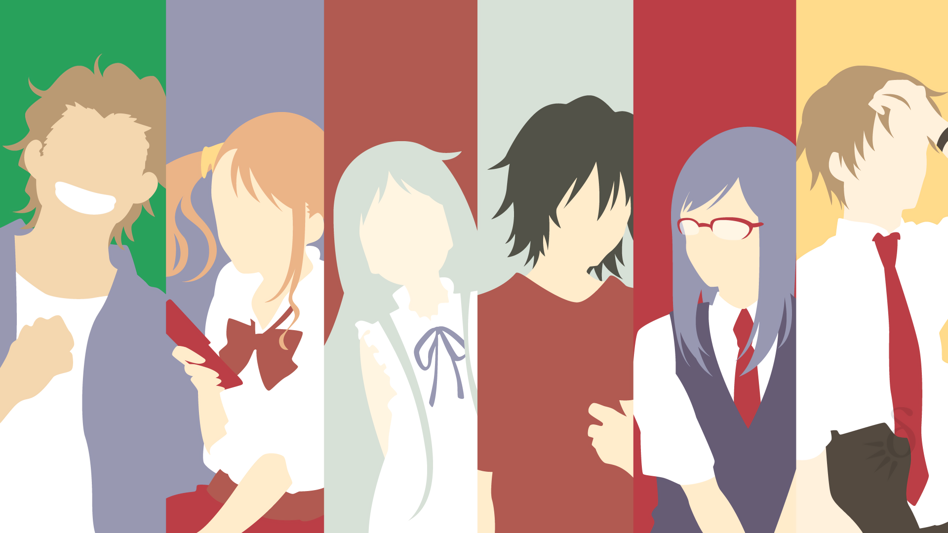 Anime Anohana HD PC desktop wallpaper background: stylized faceless silhouettes of the main cast across vertical colored panels.