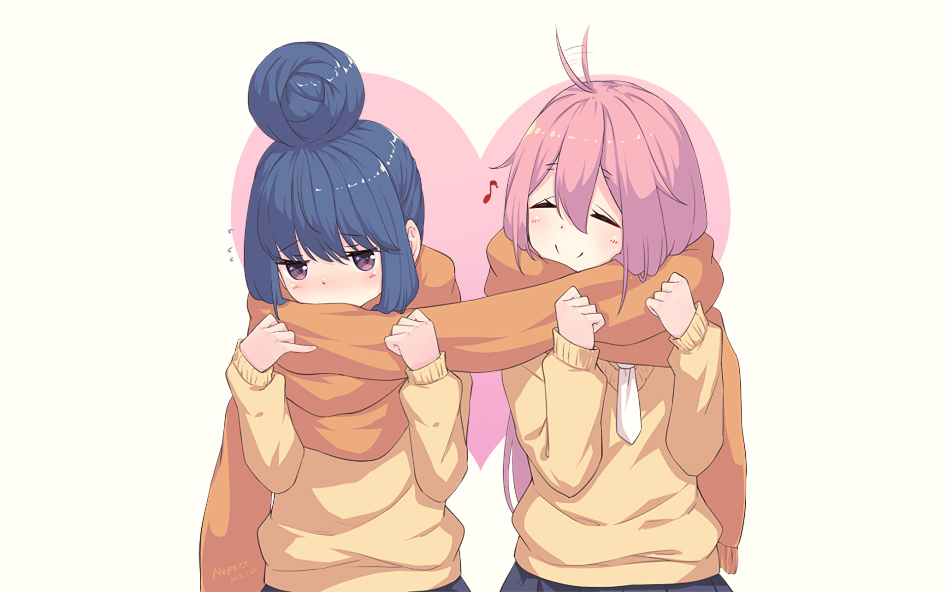 HD desktop wallpaper featuring Rin Shima and Nadeshiko Kagamihara from the anime Laid-Back Camp, both sharing an orange scarf with a pink background.