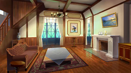 Anime HD PC desktop wallpaper/background: sunlit anime room — cozy attic-style living room with exposed wooden beams, bay window, chandelier, sofa, geometric coffee table and fireplace.