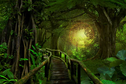 A man-made boardwalk winds through dense greenery and towering trees in a lush rainforest jungle, captured in vivid 4K Ultra HD detail.