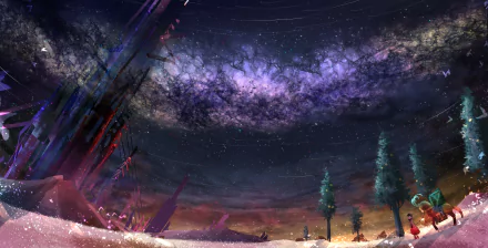 Anime-style HD wallpaper of a serene night with a starry sky, featuring trees and a celestial atmosphere. The artwork captures the beauty of the night, making it a captivating desktop background.