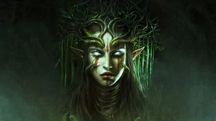 HD desktop wallpaper featuring a mystical elf with pointed ears, glowing blue eyes, and intricate forest-themed adornments from the video game Divinity: Original Sin II.