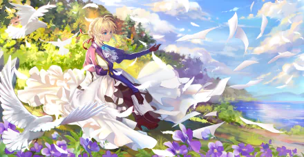 An HD desktop wallpaper featuring Violet Evergarden, the anime character, standing in a vibrant field with flying papers against a scenic backdrop of trees and a lake under a bright sky.