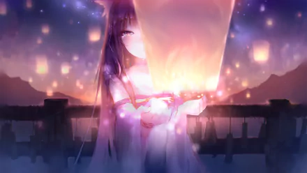 Anime-style night scene featuring a glowing lamp held by a character, with soft lights and a serene atmosphere, crafted as an HD PC desktop wallpaper background.
