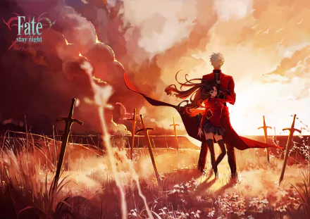 HD PC desktop wallpaper featuring Archer and Rin Tohsaka from the anime Fate/Stay Night standing amidst a field of swords at sunset, showcasing vibrant colors and detailed art.