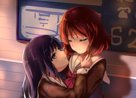 Yuri image of Reina Kousaka and Kumiko Oumae from Sound! Euphonium, two schoolgirls in a warm-lit close embrace — 2K Quad HD PC desktop wallpaper/background.