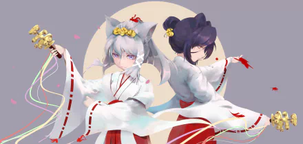 HD PC desktop wallpaper featuring Yuzu and Satsuki from the anime Konohana Kitan, dressed in traditional attire with a minimalist circular background.