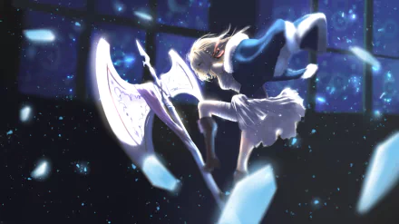 HD anime desktop wallpaper featuring Violet Evergarden in a dynamic pose, surrounded by glowing particles and a dark, starry background.