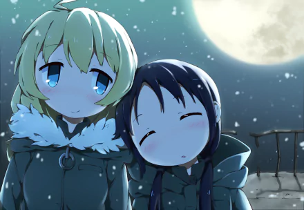 An HD desktop wallpaper featuring Chito and Yuuri from the anime Girls' Last Tour. Yuuri, with blonde hair and blue eyes, stands next to Chito, who has blue hair and eyes, under a moonlit sky.