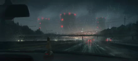 A rainy night scene in anime style, viewed from inside a car, with city lights glowing through raindrops on the windshield, creating a moody atmosphere. HD desktop wallpaper.