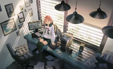 thigh highs headphones pink hair computer Anime Original HD Desktop Wallpaper | Background Image