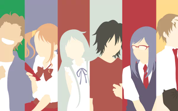 Anime Anohana HD PC desktop wallpaper background: stylized faceless silhouettes of the main cast across vertical colored panels.