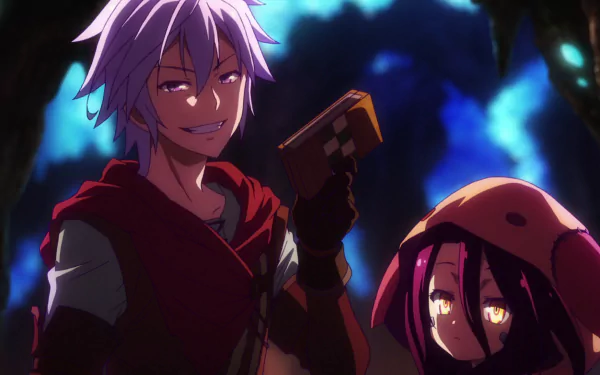 HD desktop wallpaper featuring Riku Dola and Shuvi Dola from the anime No Game No Life: Zero, showcasing vibrant colors and detailed character design against a striking blue background.