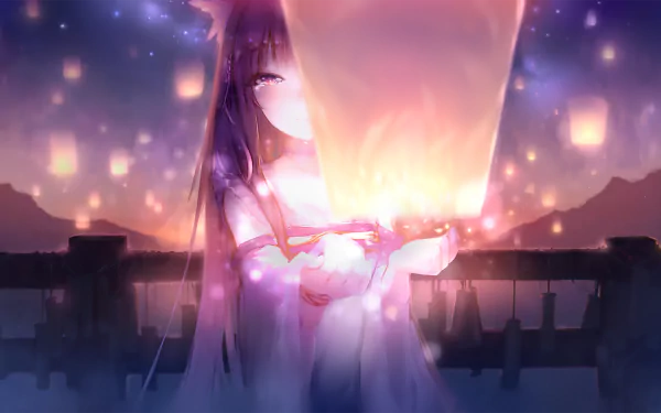 Anime-style night scene featuring a glowing lamp held by a character, with soft lights and a serene atmosphere, crafted as an HD PC desktop wallpaper background.