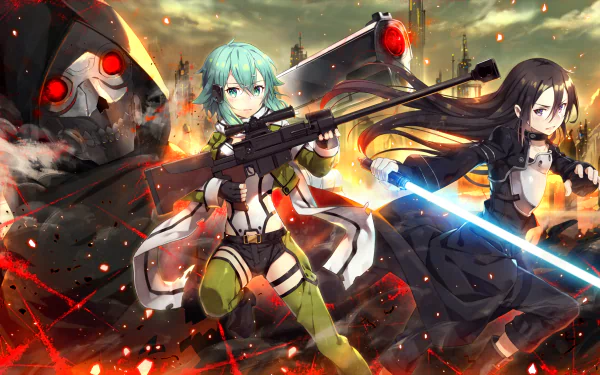 HD desktop wallpaper from Sword Art Online II featuring Death Gun, Shino Asada, and Kirito in an intense, fiery battle scene.