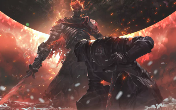 A dramatic scene from Dark Souls III featuring the Soul of Cinder, a dark armored warrior wielding a sword, set against an intense background. HD wallpaper and background for desktops.