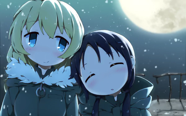An HD desktop wallpaper featuring Chito and Yuuri from the anime Girls' Last Tour. Yuuri, with blonde hair and blue eyes, stands next to Chito, who has blue hair and eyes, under a moonlit sky.