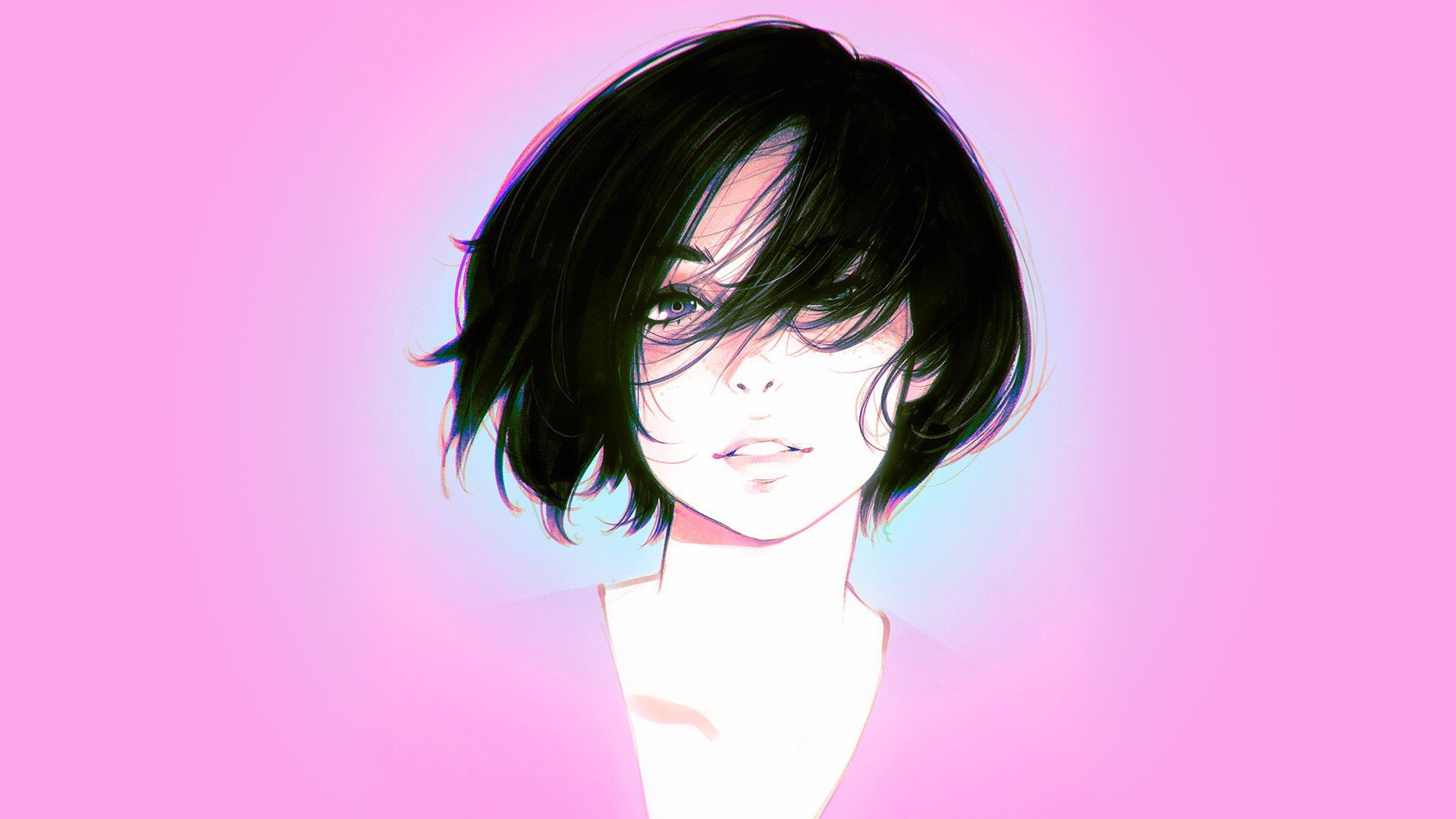 Artistic HD PC desktop wallpaper featuring a stylized portrait of a young woman with short black hair against a soft pink background.