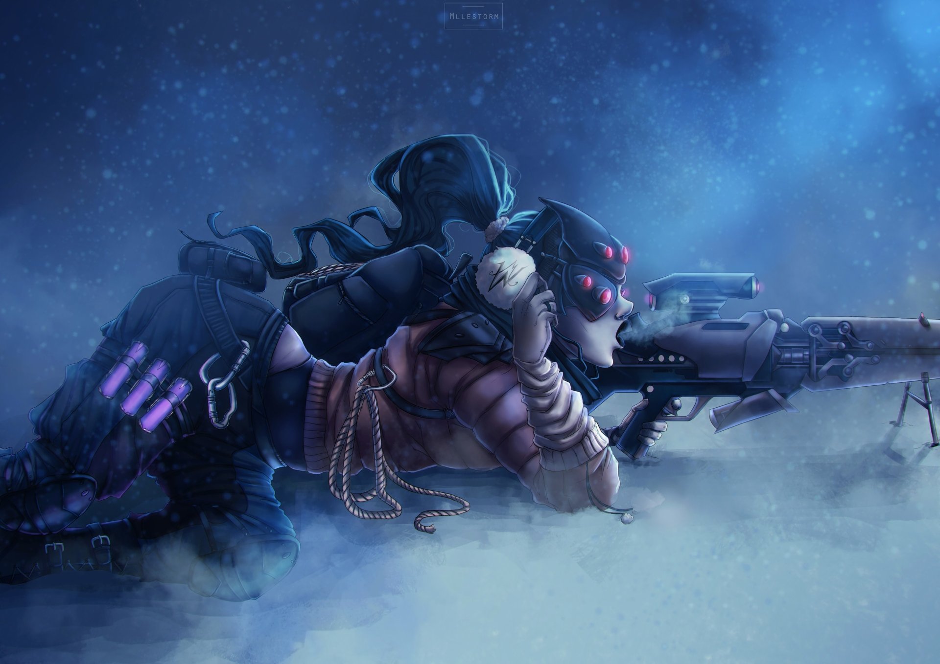 Widowmaker from Overwatch, with purple hair in a ponytail, lies in the snow aiming a sniper rifle in a winter scene. Smoke surrounds her, adding to the intense atmosphere. HD desktop wallpaper.