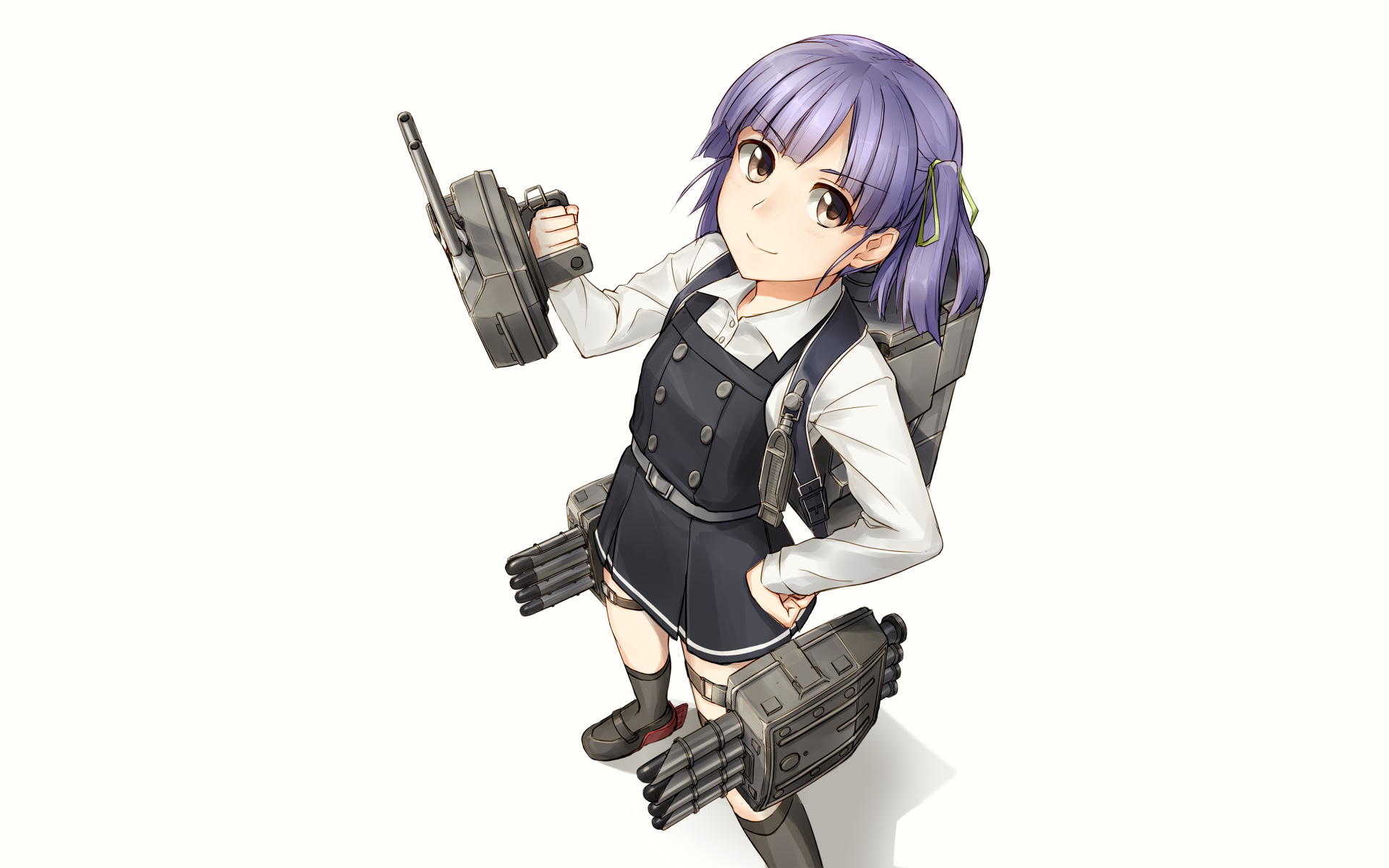 HD PC desktop wallpaper of Ooshio from Kantai Collection (KanColle): anime-style girl in a dark naval uniform with ship guns mounted on her arms and legs, looking up.