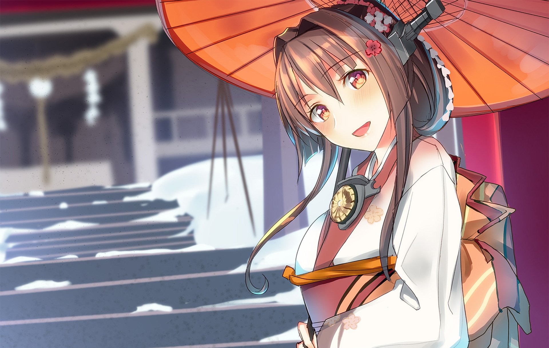Yamato (Kancolle) from Kantai Collection anime, smiling under a red umbrella in a snowy shrine — HD PC desktop wallpaper