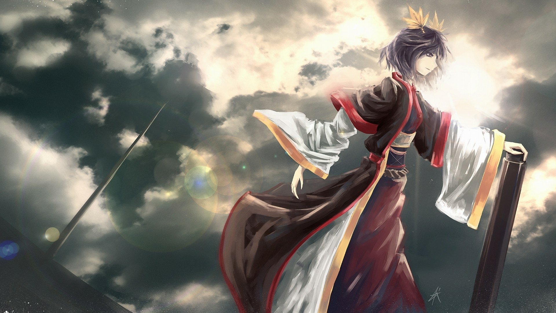 Kanako Yasaka from Touhou stands on a cloudlit ridge, windblown robes and ribboned sleeves glowing against a dramatic sky — HD anime PC desktop wallpaper