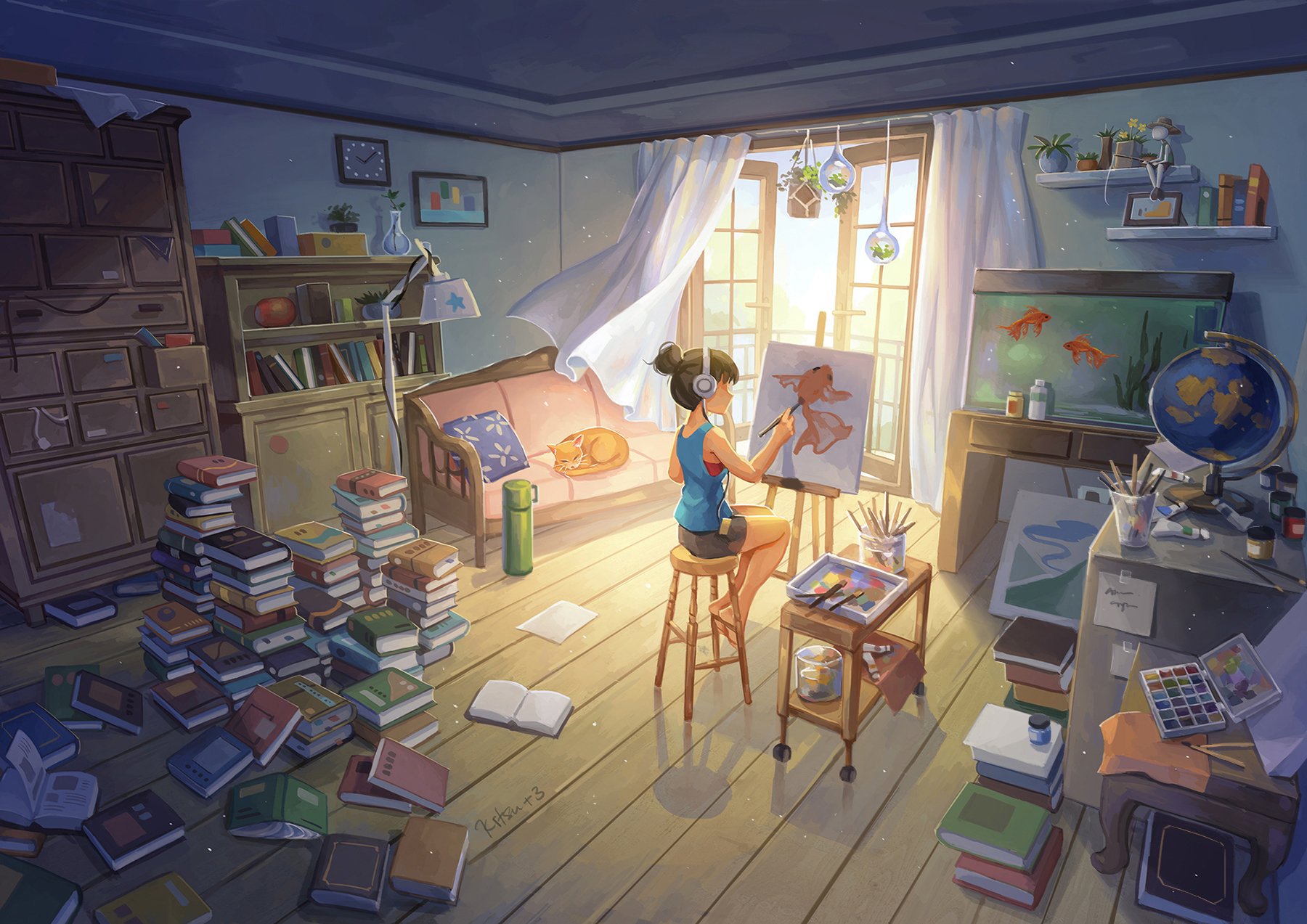 Anime-style painting of a girl with an anime cat surrounded by books in a sunlit, cozy art studio, serving as an HD PC desktop wallpaper and background.