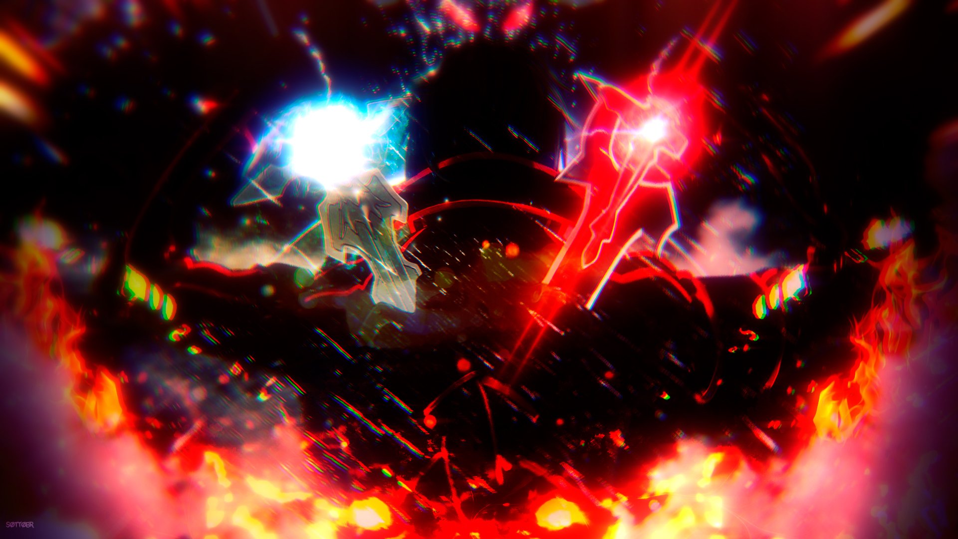 HD PC desktop wallpaper featuring Kirito from Sword Art Online in an intense, fiery battle scene with glowing swords and dark, chaotic surroundings.