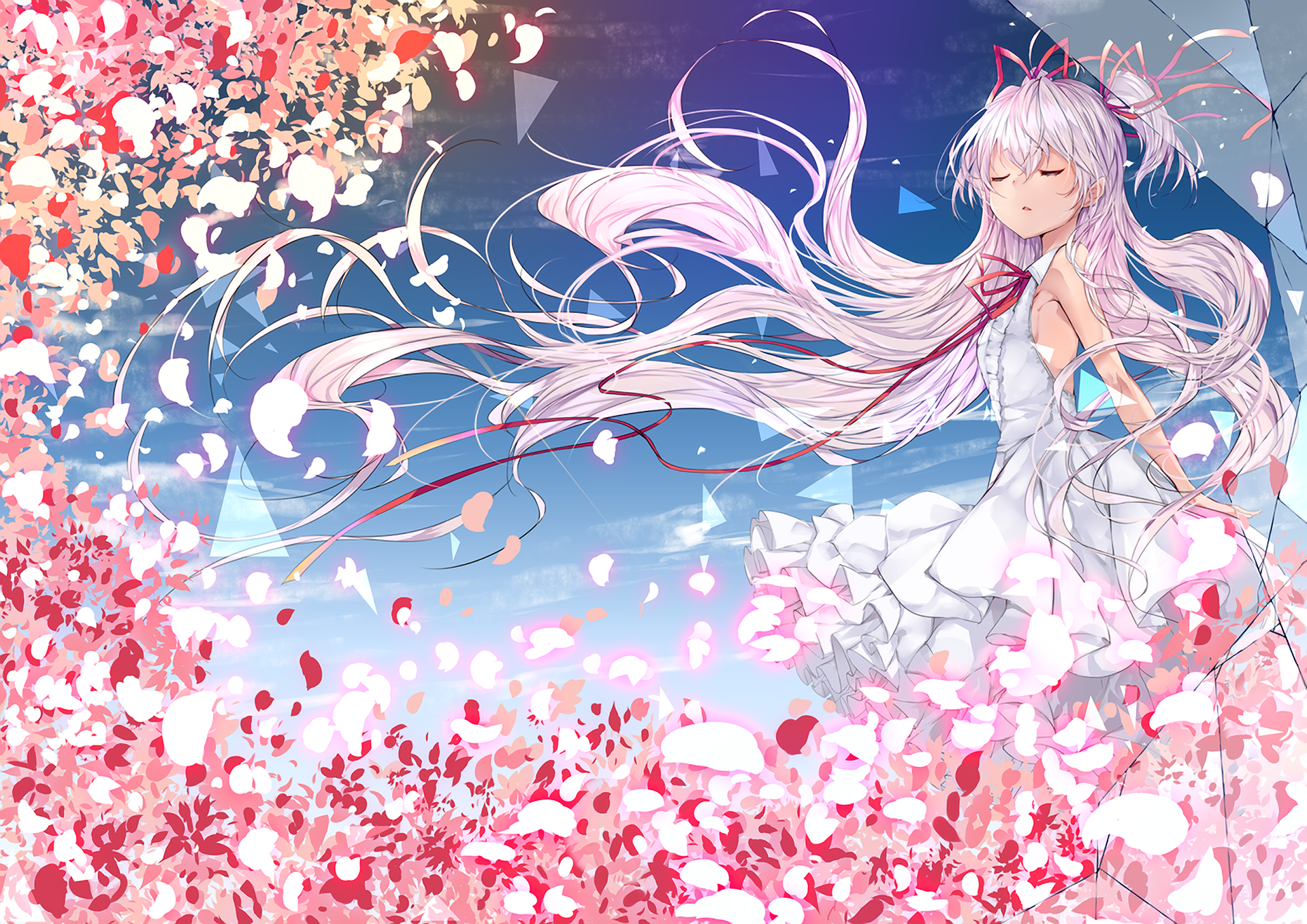 Anime-style original artwork of a girl with flowing white hair and a white dress, surrounded by vibrant pink flower petals against a bright blue sky, designed as an HD PC wallpaper.
