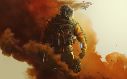 HD desktop wallpaper from Tom Clancy's Rainbow Six: Siege showing a soldier in tactical gear surrounded by orange smoke, standing dominantly with a drone in the sky above.