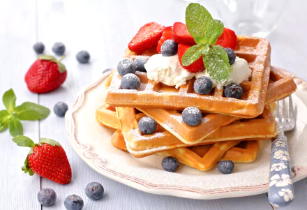 HD desktop wallpaper of a breakfast featuring golden waffles topped with fresh blueberries, strawberries, whipped cream, and mint leaves on a decorative plate.