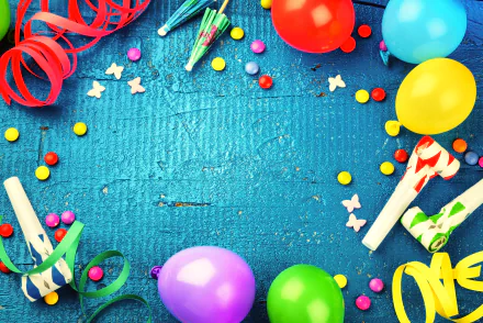Vibrant birthday party scene with colorful balloons, streamers, confetti, and noisemakers arranged on a textured blue surface in 4K Ultra HD quality.