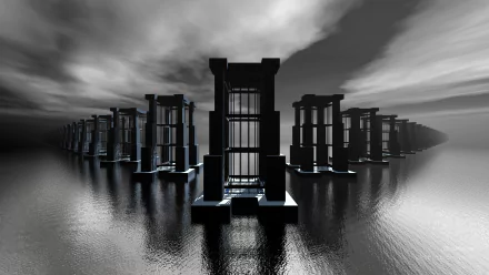 Black and white 3D surreal artistic scene featuring rows of towering structures reflected on water under a cloudy sky, rendered in 4K Ultra HD for PC desktop wallpaper.