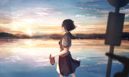 A serene anime girl in a school uniform stands by a tranquil lake at sunset, reflecting the warm colors of the sky, creating a peaceful HD desktop wallpaper and background.