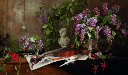 bust vase pocket watch feather fuchsia sheet music instrument violin flower photography still life HD Desktop Wallpaper | Background Image