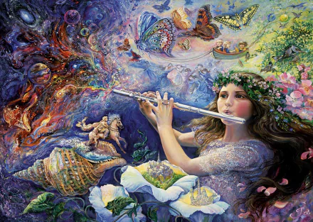 Colorful fantasy painting of a flute-playing woman with a flower crown among shells, butterflies and swirling cosmic waves — artistic HD PC desktop wallpaper and background.