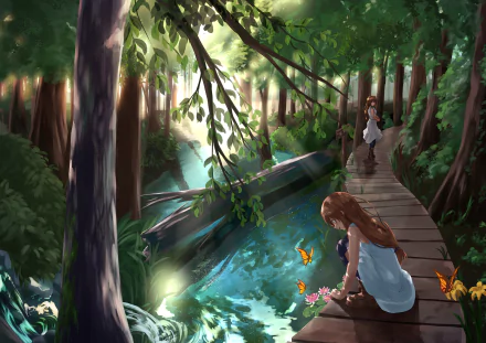 Original anime-style HD PC desktop wallpaper: tranquil nature forest with a wooden boardwalk over a glowing stream; a girl sits feeding butterflies among sunlit trees.