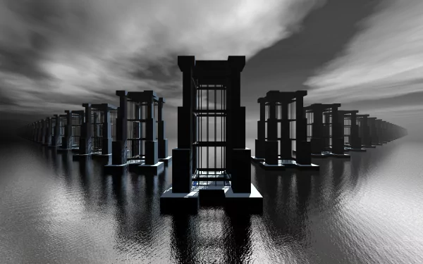 Black and white 3D surreal artistic scene featuring rows of towering structures reflected on water under a cloudy sky, rendered in 4K Ultra HD for PC desktop wallpaper.