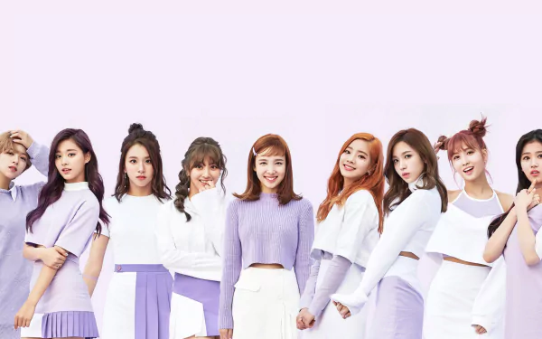 Image of the K-pop band TWICE, featuring nine Asian women with brown eyes. Some are redheads and brunettes, all dressed in stylish, coordinated outfits, standing against a light purple background.