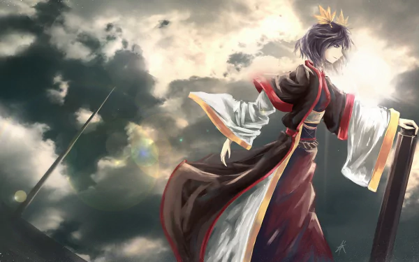 Kanako Yasaka from Touhou stands on a cloudlit ridge, windblown robes and ribboned sleeves glowing against a dramatic sky — HD anime PC desktop wallpaper