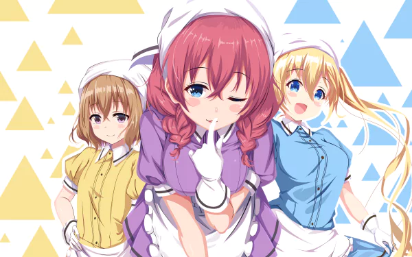 4K Ultra HD anime wallpaper featuring Miu Amano, Mafuyu Hoshikawa, and Kaho Hinata from Blend S with a colorful geometric background.