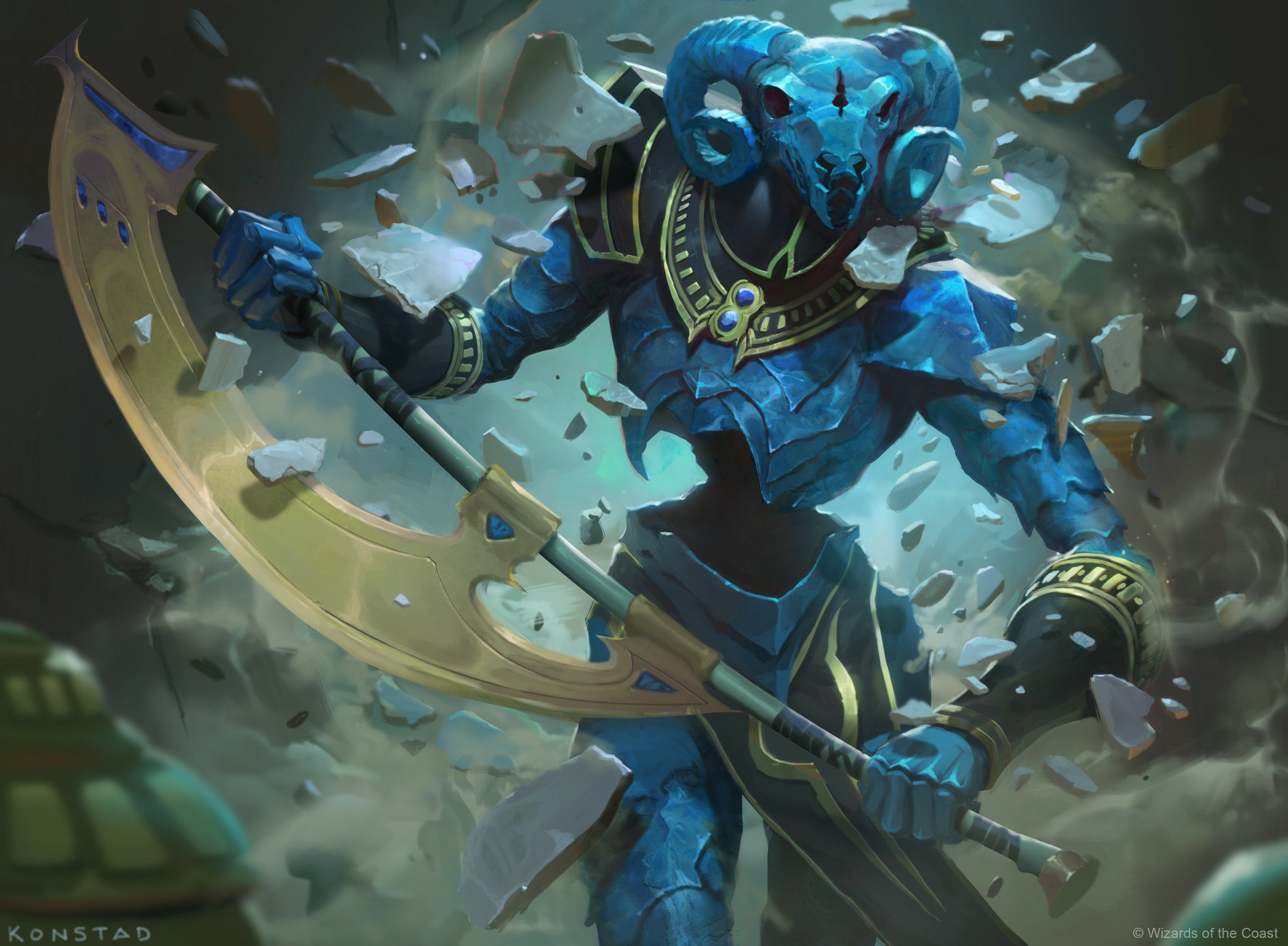 HD PC desktop wallpaper of a man-made Magic: The Gathering warrior — a blue armored construct wielding a huge crescent blade amid swirling stone shards.