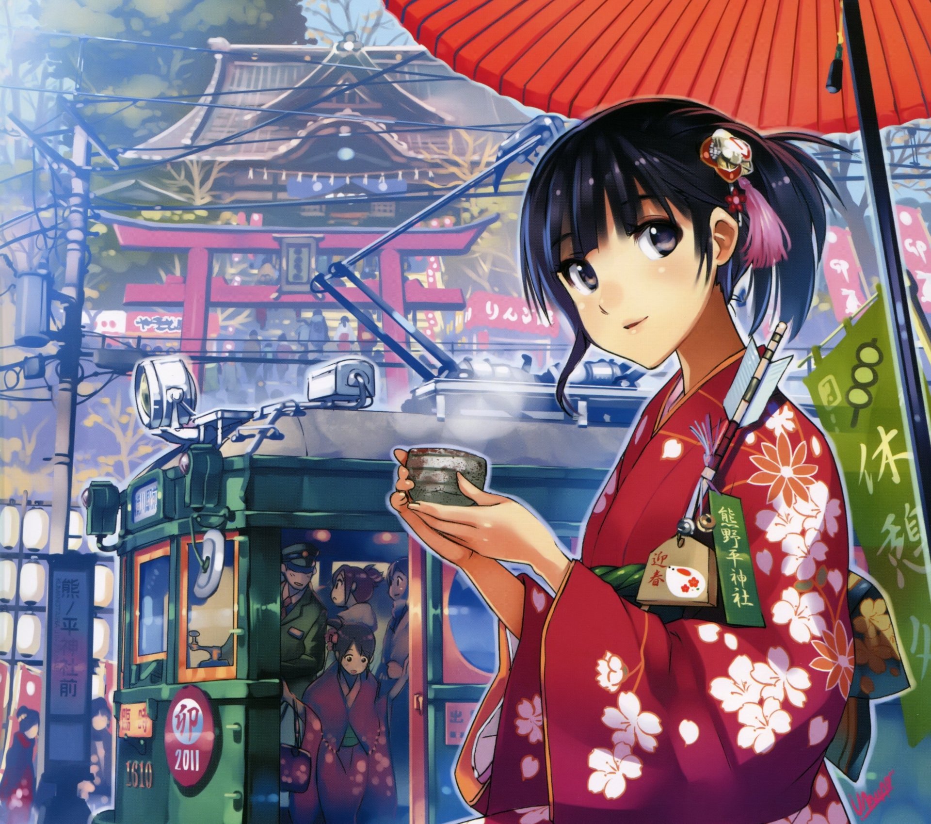Download Brown Eyes Smile Black Hair Short Hair Tram Parasol Kimono Anime Original 4k Ultra HD Wallpaper by Vania600
